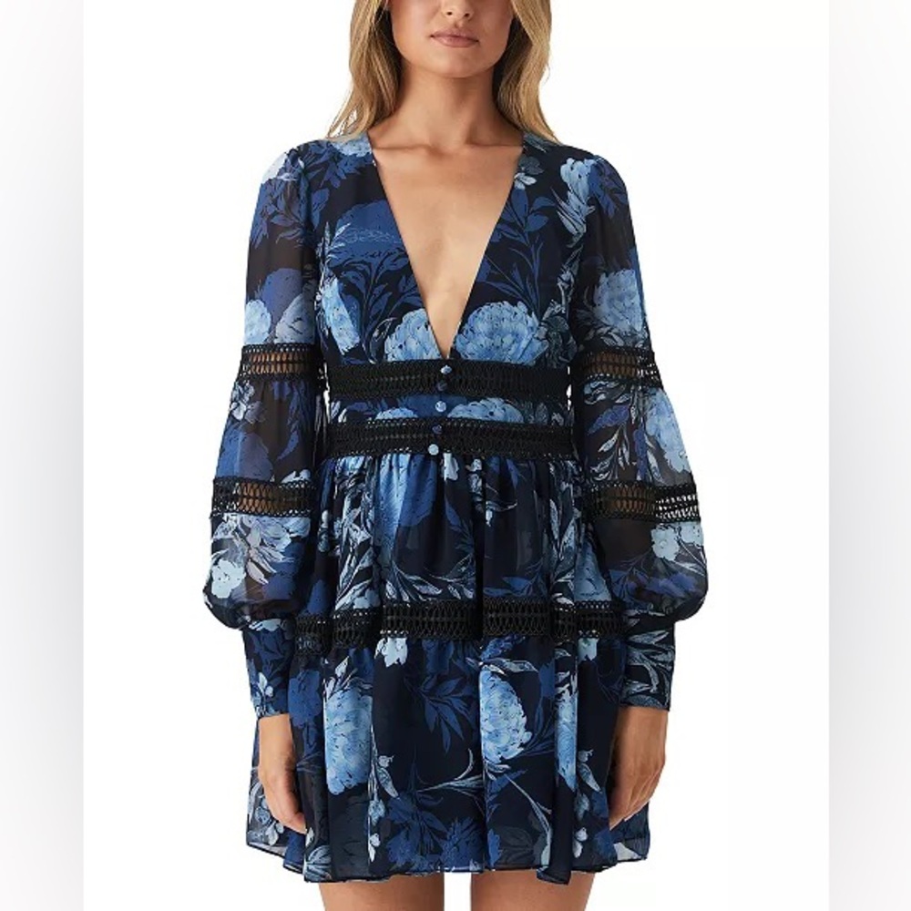 Bardot Hallie Braid-Trimmed Floral Mini Dress, SZ Medium